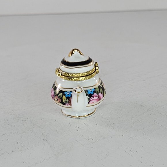 Miniature Floral Porcelain Teapot Trinket Box With Gold Trim - Picture 3 of 8